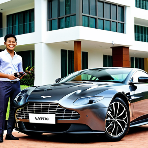 Home 6 **
Prompt: A sleek Aston Martin Vantage Hybrid parked in a modern Kuala Lumpur neighborhood. A young driver is smiling confidently while holding car keys, suggesting a sense of achievement and responsible ownership. The background showcases luxury condominiums and vibrant city life.
**