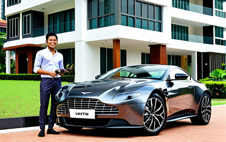 **
Prompt: A sleek Aston Martin Vantage Hybrid parked in a modern Kuala Lumpur neighborhood. A young driver is smiling confidently while holding car keys, suggesting a sense of achievement and responsible ownership. The background showcases luxury condominiums and vibrant city life.
**