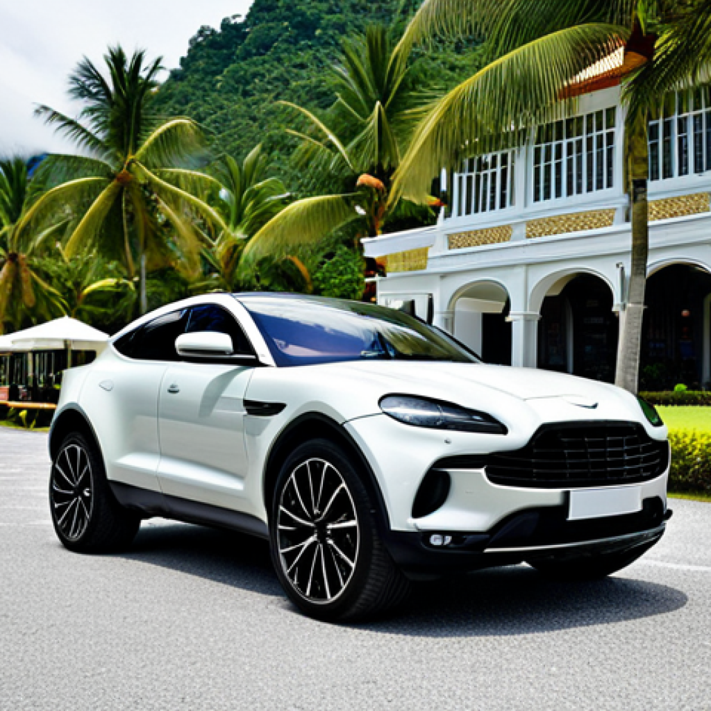 Aston Martin DBX - Sporty Lifestyle**

"Aston Martin DBX parked in front of a luxury resort in Langkawi, Malaysia. Fully clothed driver smiling, holding a surfboard. Tropical background, palm trees. High quality, professional automotive photography, perfect anatomy, appropriate attire, safe for work, family-friendly."

**