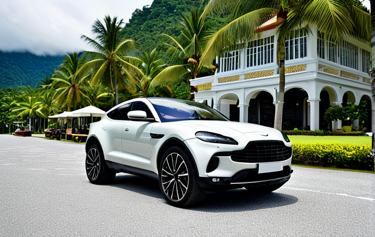Aston Martin DBX - Sporty Lifestyle**

"Aston Martin DBX parked in front of a luxury resort in Langkawi, Malaysia. Fully clothed driver smiling, holding a surfboard. Tropical background, palm trees. High quality, professional automotive photography, perfect anatomy, appropriate attire, safe for work, family-friendly."

**